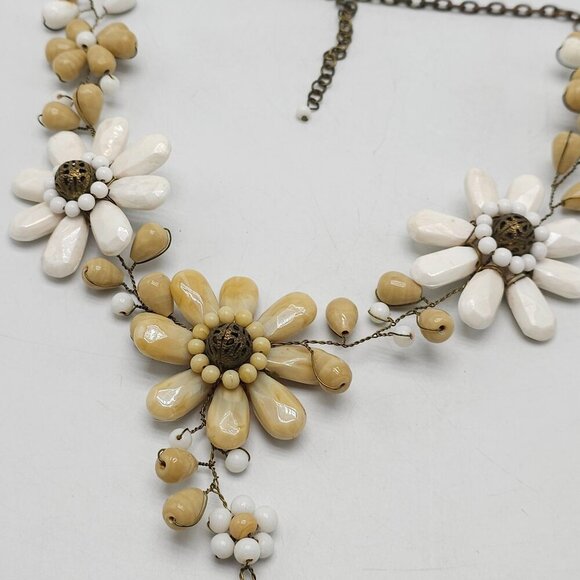 Boho Floral Necklace With Beige  White Polished Stones Chain Tassel Artisan - Picture 3 of 10